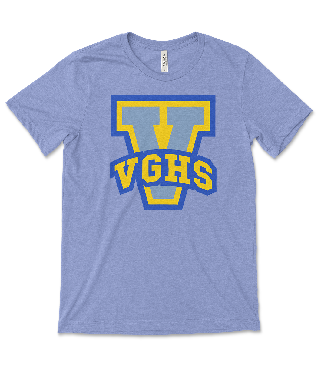 Heathered blue short sleeve shirts with large V printed on them in yellow and blue. VGHS is written in block varsity letters across the bottom of the V.