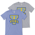 Heathered blue and light grey short sleeve shirts with large V printed on them in yellow and blue. VGHS is written in block varsity letters across the bottom of the V.