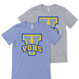 Heathered blue and light grey short sleeve shirts with large V printed on them in yellow and blue. VGHS is written in block varsity letters across the bottom of the V.