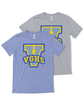 Heathered blue and light grey short sleeve shirts with large V printed on them in yellow and blue. VGHS is written in block varsity letters across the bottom of the V.