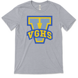 Heathered light grey short sleeve shirts with large V printed on them in yellow and blue. VGHS is written in block varsity letters across the bottom of the V.