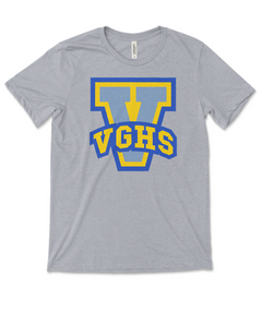 Heathered light grey short sleeve shirts with large V printed on them in yellow and blue. VGHS is written in block varsity letters across the bottom of the V.