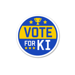 Circular sticker with the words "VOTE FOR KI" with yellow stars.