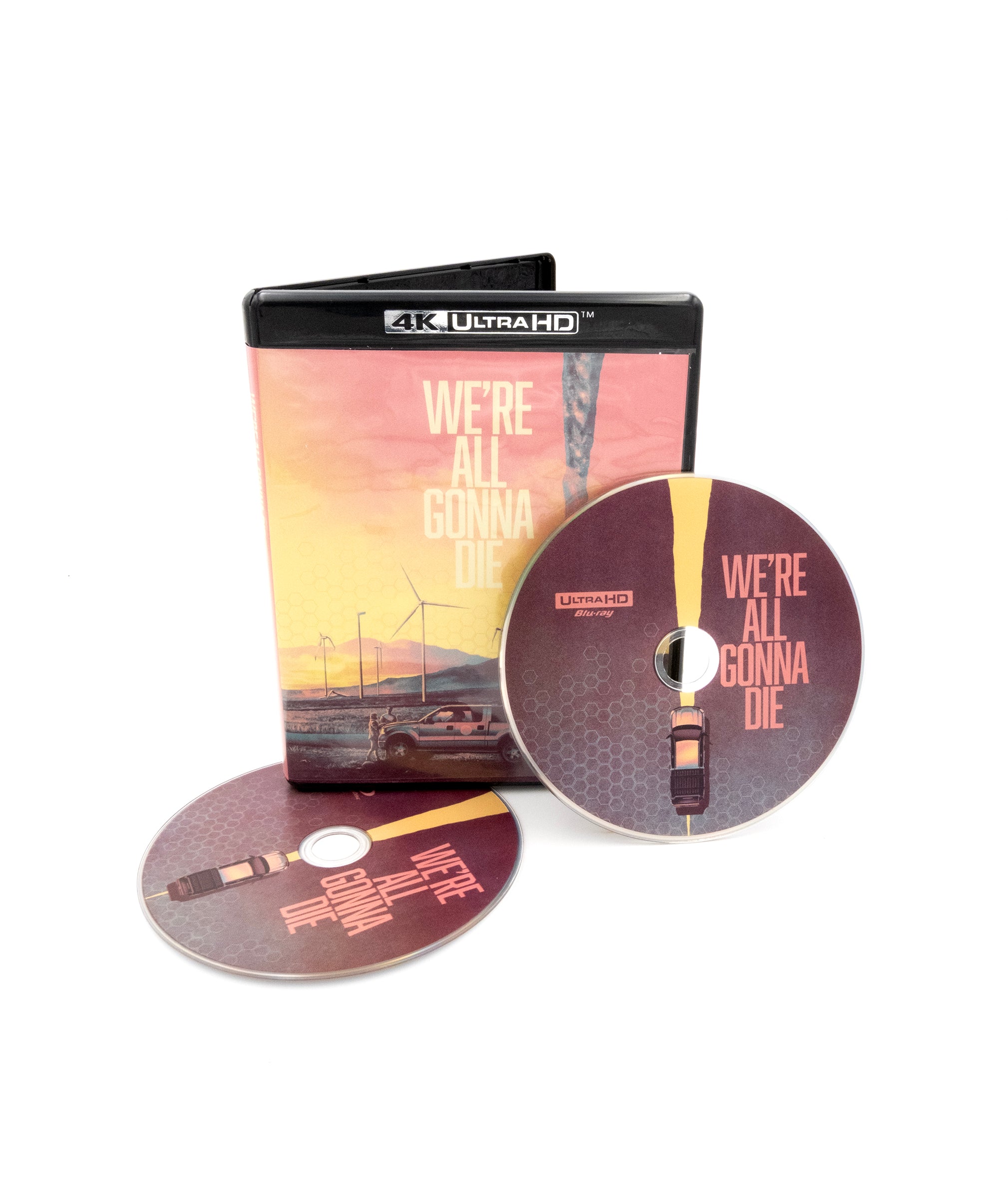 4K Ultra HD movie discs with cover featuring 'We're All Gonna Die' text and apocalyptic artwork.