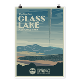 Poster based on the National Parks posters. Features illustration of Glass Lake with plume of smoke emitting from the mountains in the distance. Text: "Greetings from Glass Lake National Park. Department of National Remembrance"