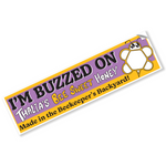 Yellow and Purple bumper sticker with the phrase "I'm buzzed on Thalia's Bee Sweet Honey. Made in the Beekeeper's Backyard!" and the illustration of a very geometric bee