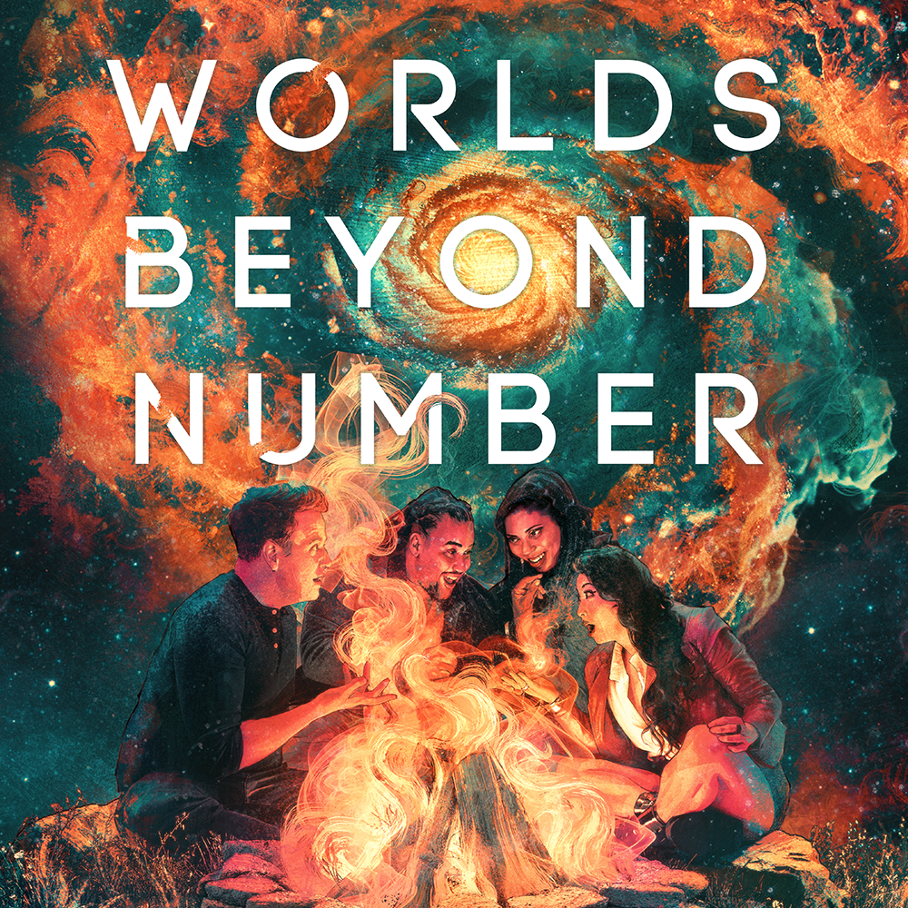 Worlds beyond number text above cast around campfire
