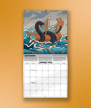The January page of the Bizarre Beasts 2024 Calendar in front of a yellow background. The picture is a colorful illustration of a shipworm around a boat on the ocean. 