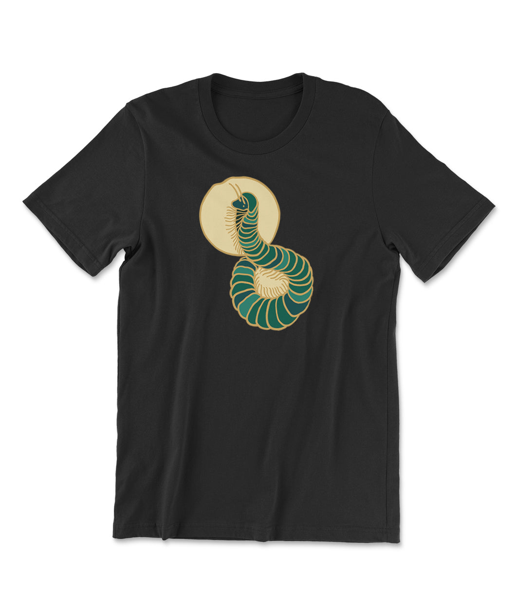 The shirt of the month from Bizarre Beasts is a black t-shirt with the illustration of a millipede in shades of green with a light yellow orb around its head. 