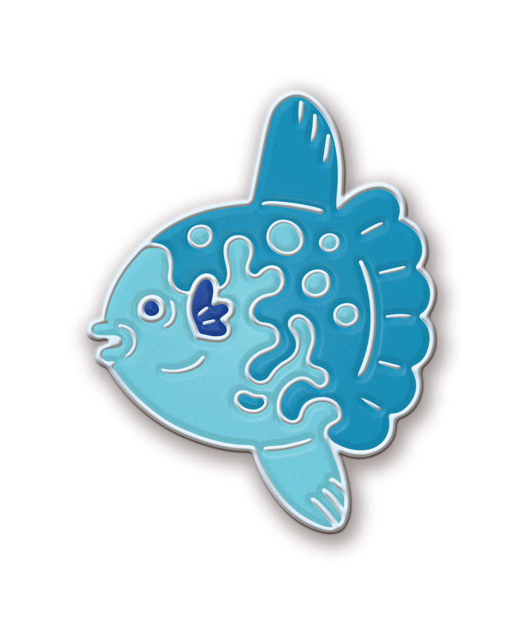 A light and dark blue pin shaped like a Mola Mola fish.