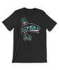 A black t-shirt with an artful illustraion of an orca whale in teal, black and purple shapes. The shirt of the month from Bizarre Beasts. 
