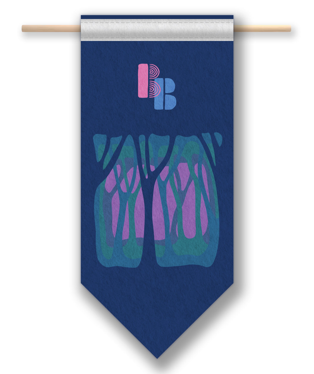 A blue banner hanging from a wooden rod. The Bizarre Beasts logo is printed on the banner as well as forest scenery.