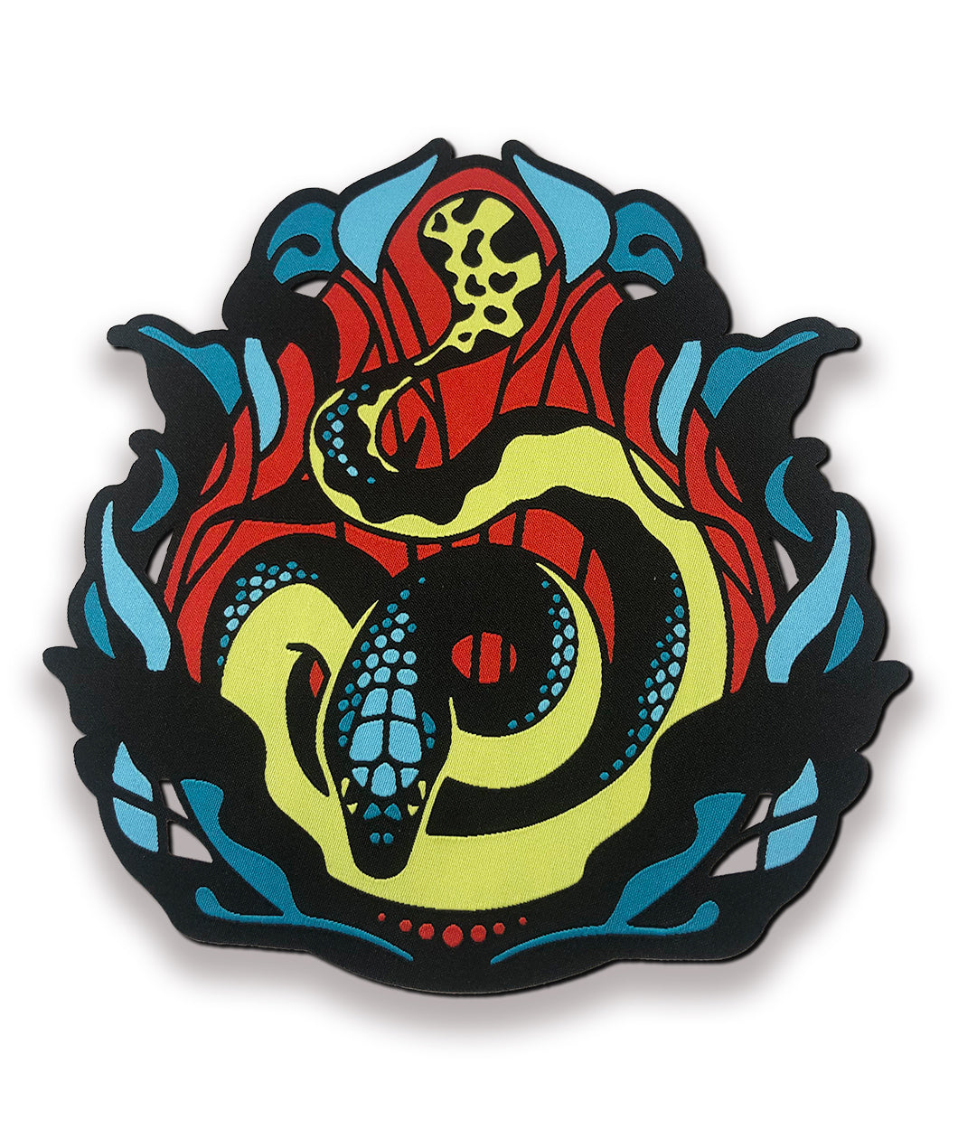 A patch from Bizarre Beasts featuring a blue and green sea snake surrounded by red and blue shapes.