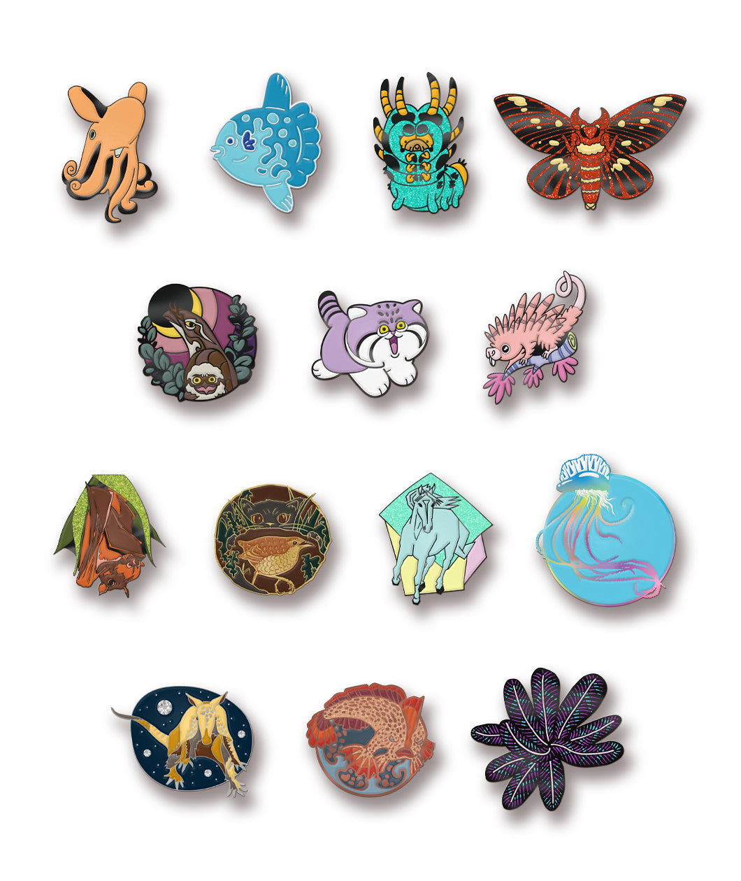 A grid of pins that are each different animals from past Bizarre Beasts designs. They are all part of the Season Zero Pin Set. 