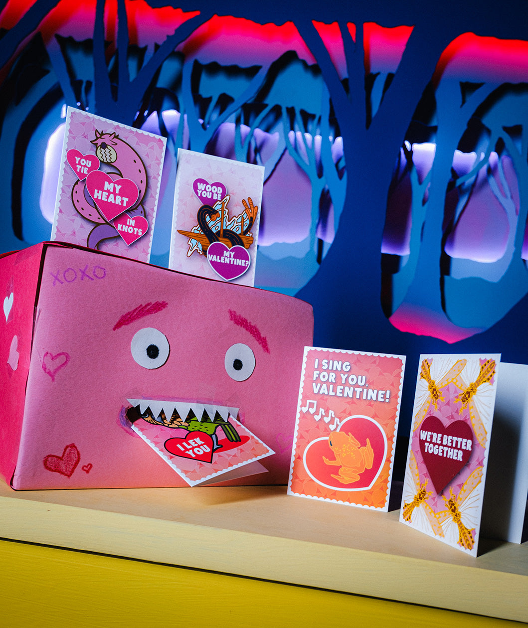 Bizarre Beasts Valentine's Day Cards in an elementary-school style mailbox with a beastly face.