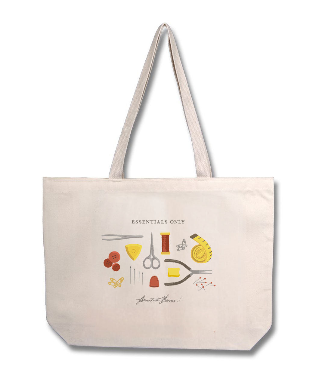 Mockup of natural cotton tote featuring a design of various sewing supplies with the caption "Essentials Only"