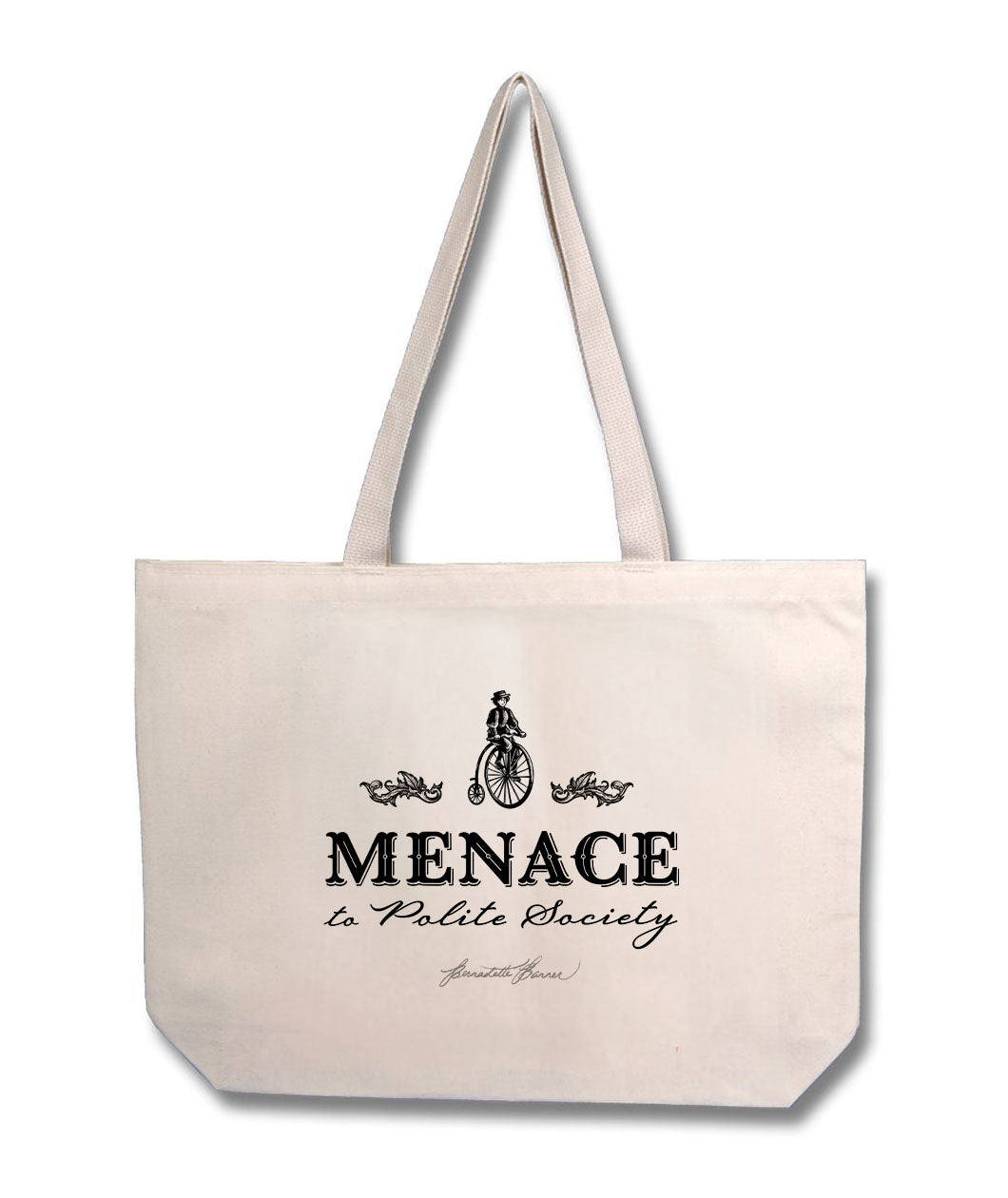 Mockup of natural cotton tote featuring a design of a woman on a pennyfarthing bicycle with the caption "Menace to Polite Society"
