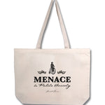 Mockup of natural cotton tote featuring a design of a woman on a pennyfarthing bicycle with the caption "Menace to Polite Society"