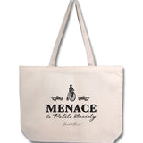 Mockup of natural cotton tote featuring a design of a woman on a pennyfarthing bicycle with the caption "Menace to Polite Society"