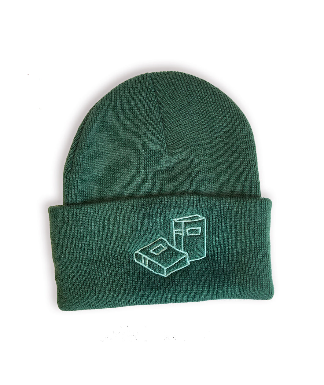 The Forest version of the Books Beanie embroidered with two books on the front of the cuff.