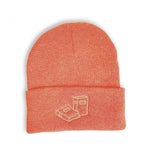 The Heather Orange version of the Books Beanie embroidered with two books on the front of the cuff.