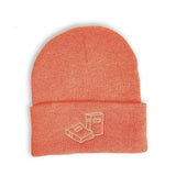 The Heather Orange version of the Books Beanie embroidered with two books on the front of the cuff.