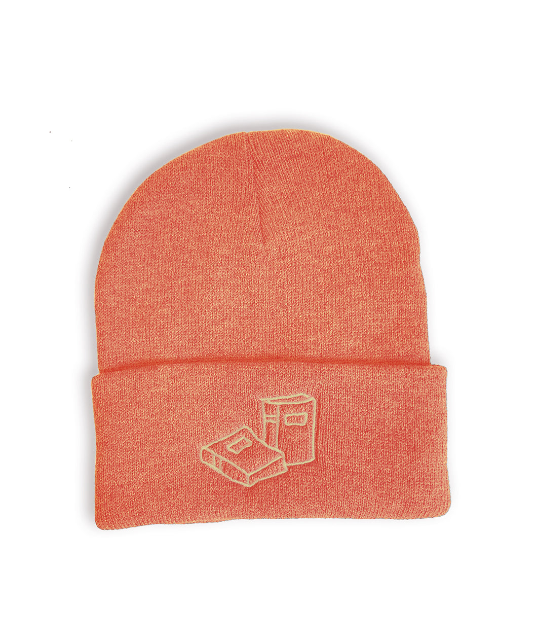 The Heather Orange version of the Books Beanie embroidered with two books on the front of the cuff.