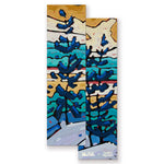 A bookmark with painted artwork on the front and back. The artwork features heavy-paint renditions of mountainous landscape with a prominent tree in the foreground. Such scenes are of places in Nova Scotia. From Books Unbound.