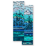 A bookmark with painted artwork on the front and back. The artwork features heavy-paint renditions of mountainous landscapes with trees. Such scenes are of places in Nova Scotia. From Books Unbound.