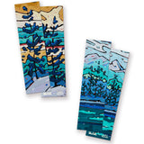A pair of bookmarks with painted artwork on them. The artwork features heavy-paint renditions of mountainous landscapes with trees. Such scenes are of places in Nova Scotia. From Books Unbound.