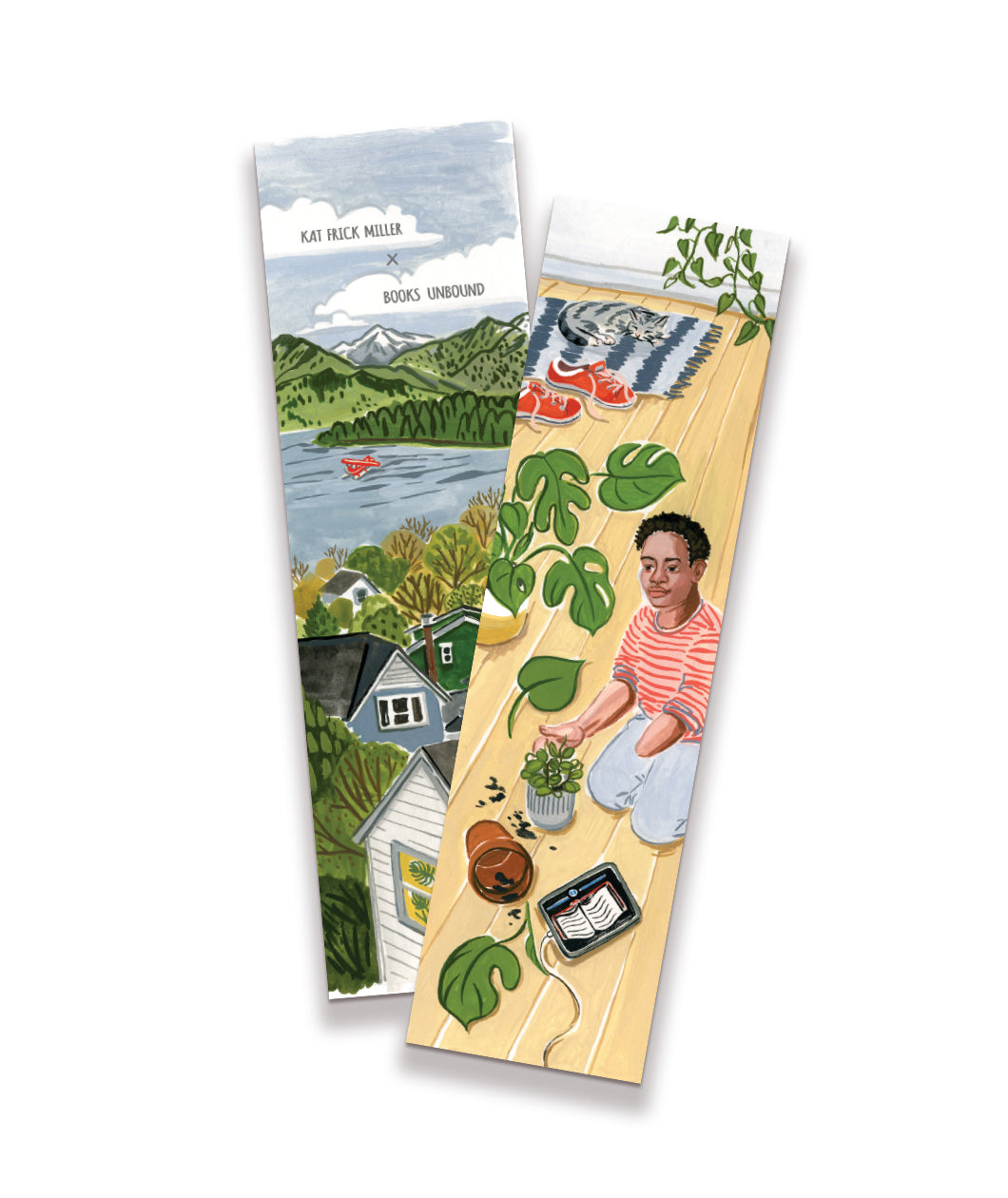 A set of 2 bookmarks with artwork of a painterly style, depicting a cozy living room scene and a lakeview scene.