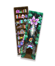 A set of 2 bookmarks with artwork of a pixelated style that emulates a video game, depicting a fantasy forest scene and a fantasy library scene.