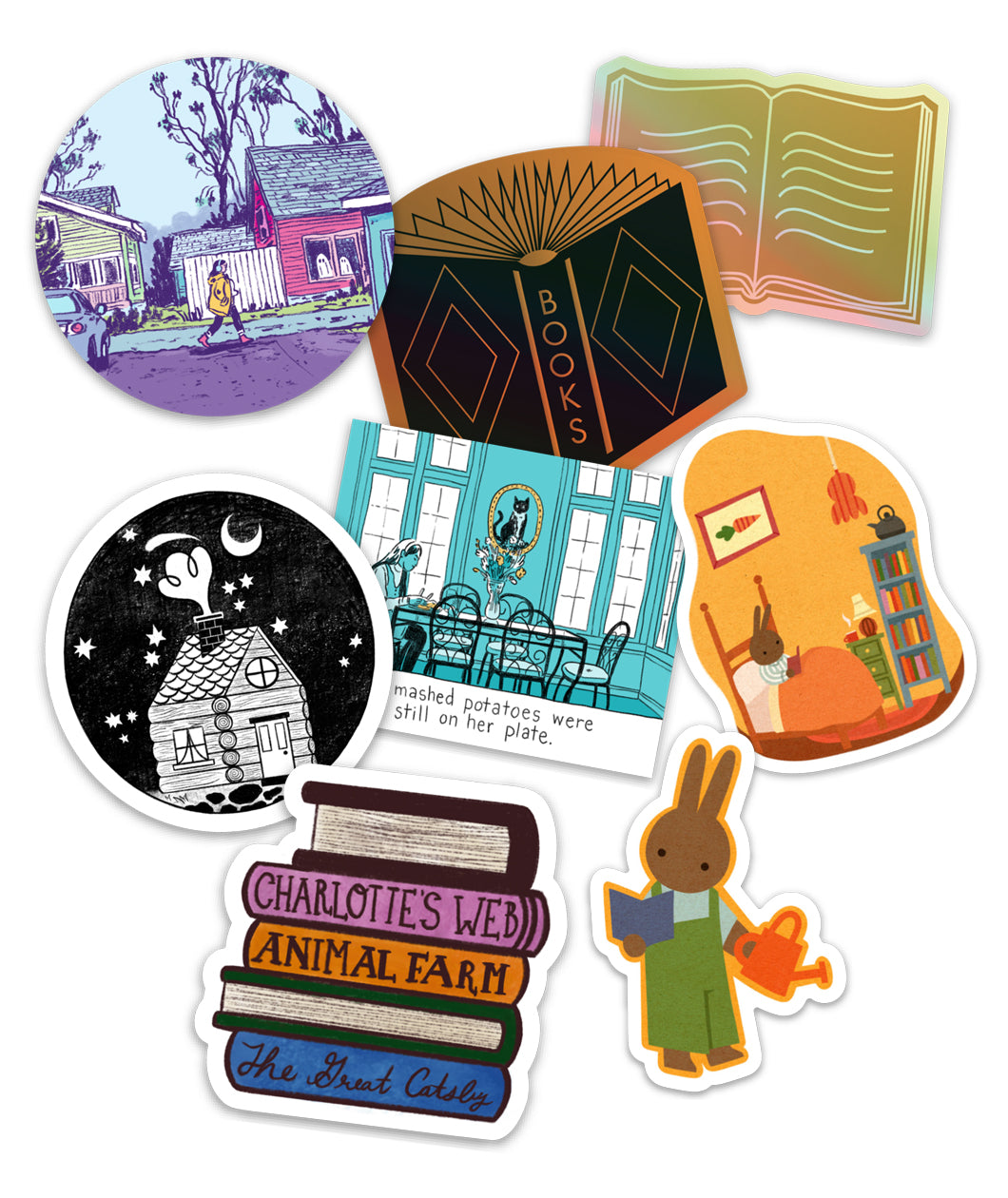 Eight different stickers from the Books Unbound bookmark subscription.