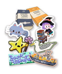 A spread of 8 Books Unbound stickers. Each has distinct designs in varying artistic styles.