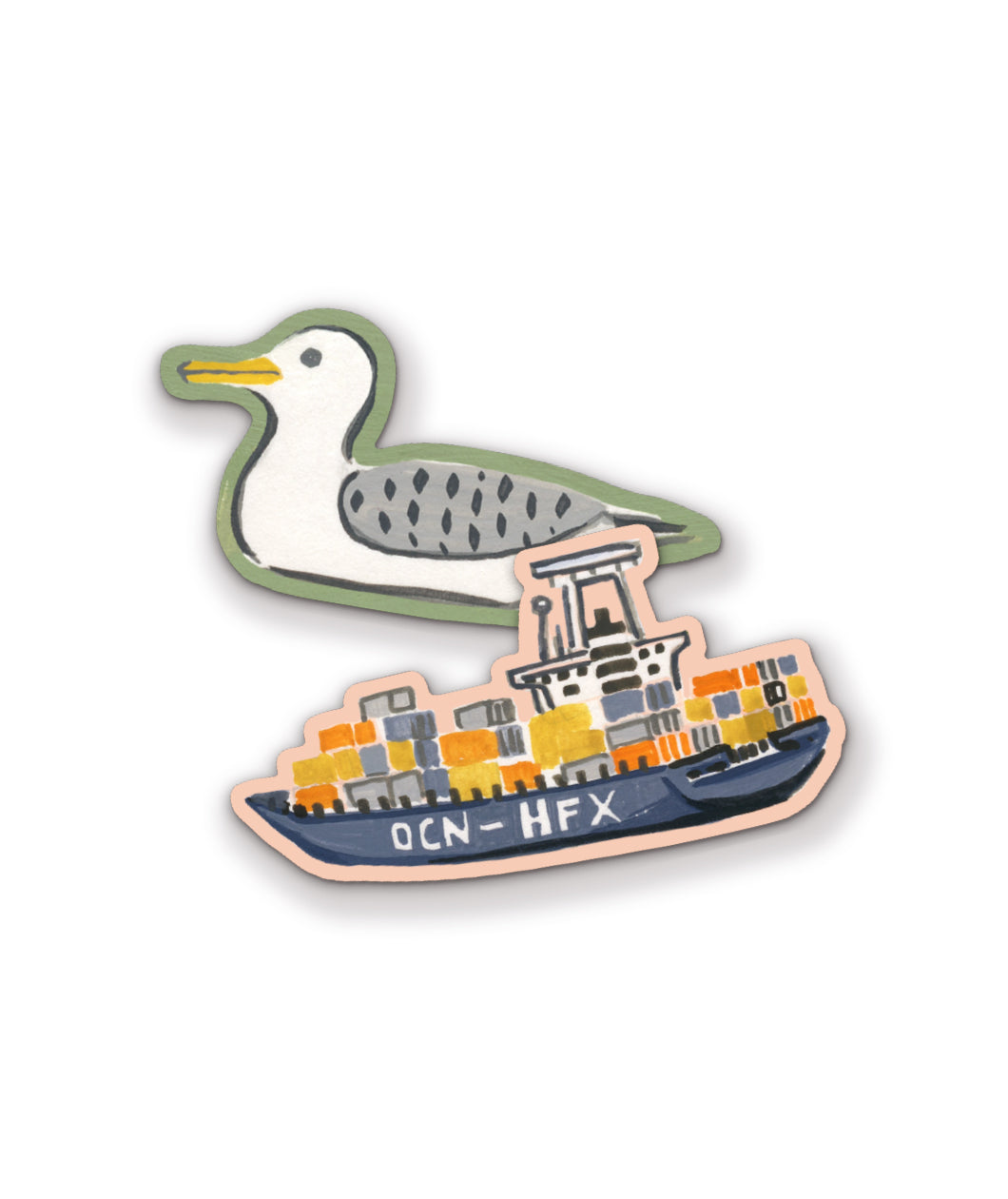 A set of 2 stickers. The first is of a painted seagull and the second is of a painted shipping boat.