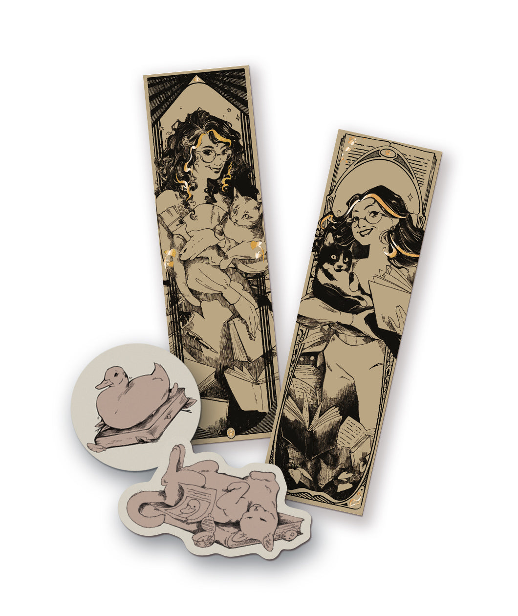 A pair of bookmarks and a pair of stickers. The bookmarks have illustrations of Ariel and Raeleen with their cats. The stickers are of a cat sleeping atop a book and a duck sitting atop a book. From Books Unbound.