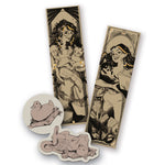 A pair of bookmarks and a pair of stickers. The bookmarks have illustrations of Ariel and Raeleen with their cats. The stickers are of a cat sleeping atop a book and a duck sitting atop a book. From Books Unbound.