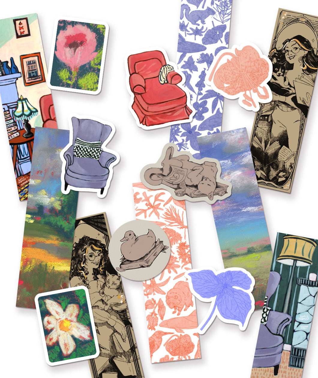 A spread of assorted bookmarks and stickers of varying designs. From Books Unbound.