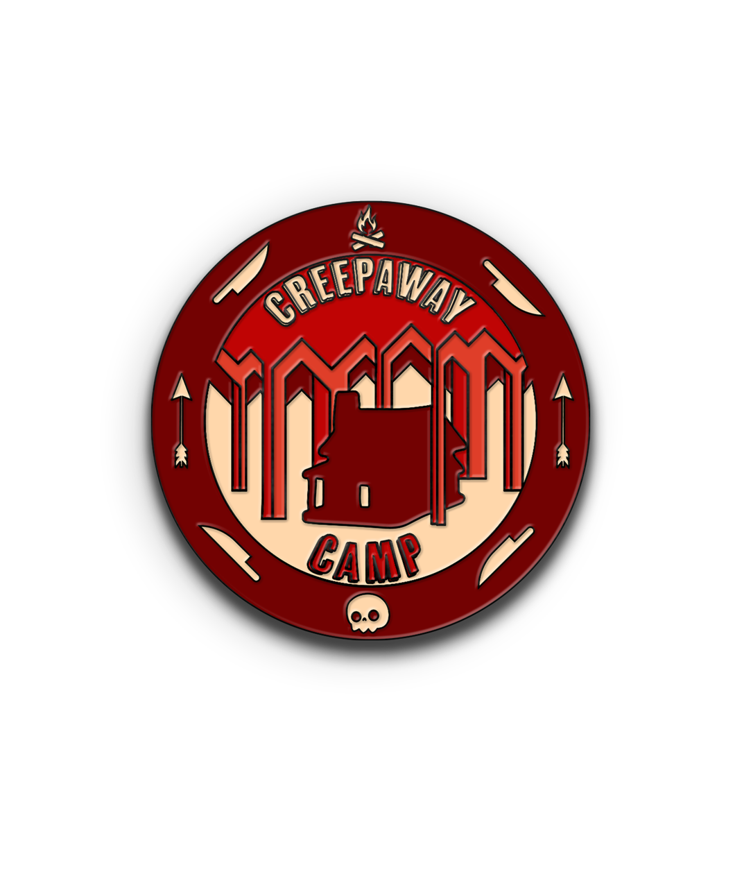 A circular pin with a dark red band goes around the outside with icons of a campfire, knives, arrows and a skull. Inside the circle is a small log cabin and text that reads 