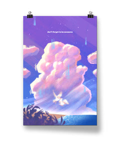 A poster of large pink clouds and two pelicans landing upon a beach. From DFTBA.