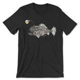 A black t-shirt with a metal steampunk styled anglerfish with the text DFTBA small below it.