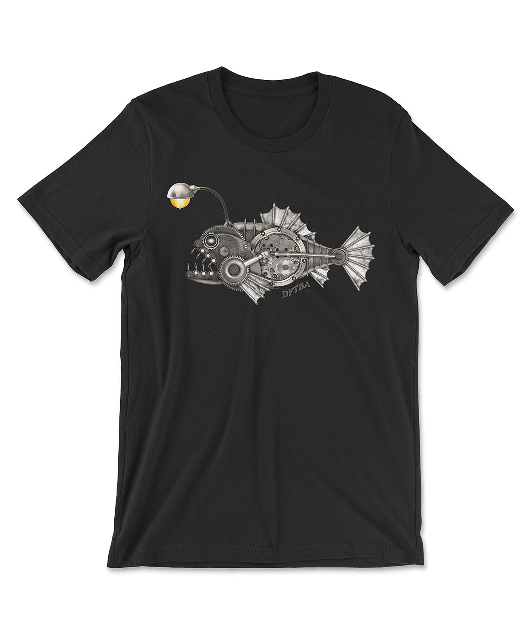 A black t-shirt with a metal steampunk styled anglerfish with the text DFTBA small below it. 