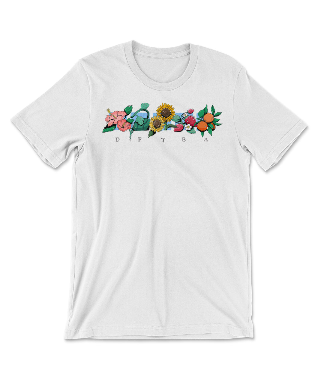 A white t-shirt with a band of colorful, illustrated flowers across the chest with the letters 