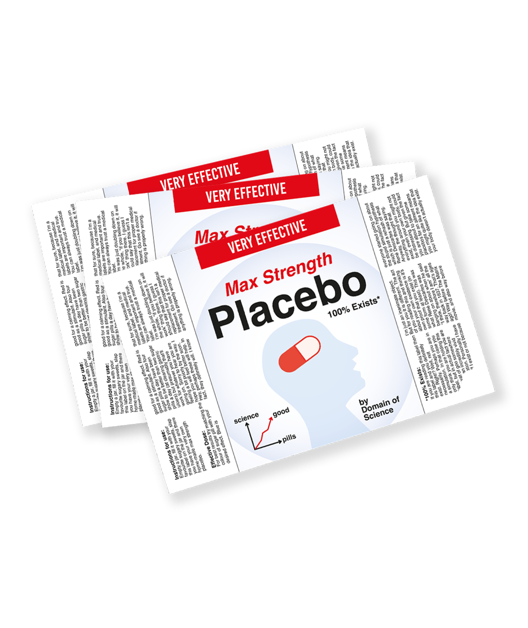 Three rectangular stickers stacked on top of each other in white, black and red. The center of the sticker has an outline of a head with a pill on it and reads "Very Effective; Max Strength; Placebo; 100% Exists". There is much more small text on each side of the illustration. By Domain of Science.