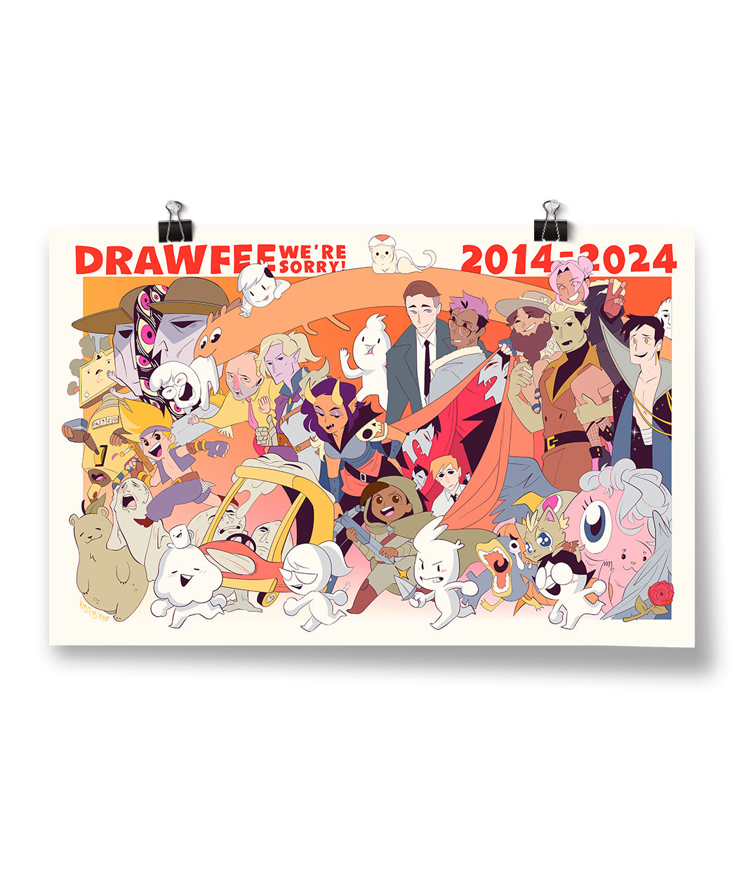 A risograph print poster featuring the Drawfee cast amongst many drawn characters. The poster reads, “Drawfee, We’re Sorry! 2014-2024”.