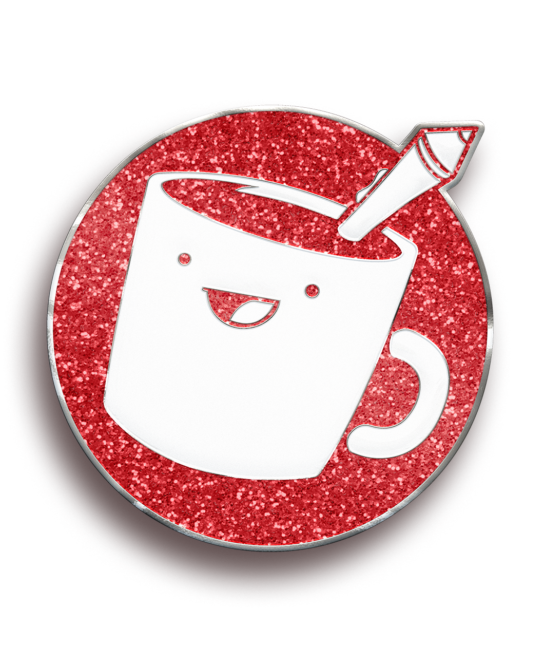 A circular, red sparkly pin with the white Drawfee logo that looks like a white mug with a smile and pen sticking out.