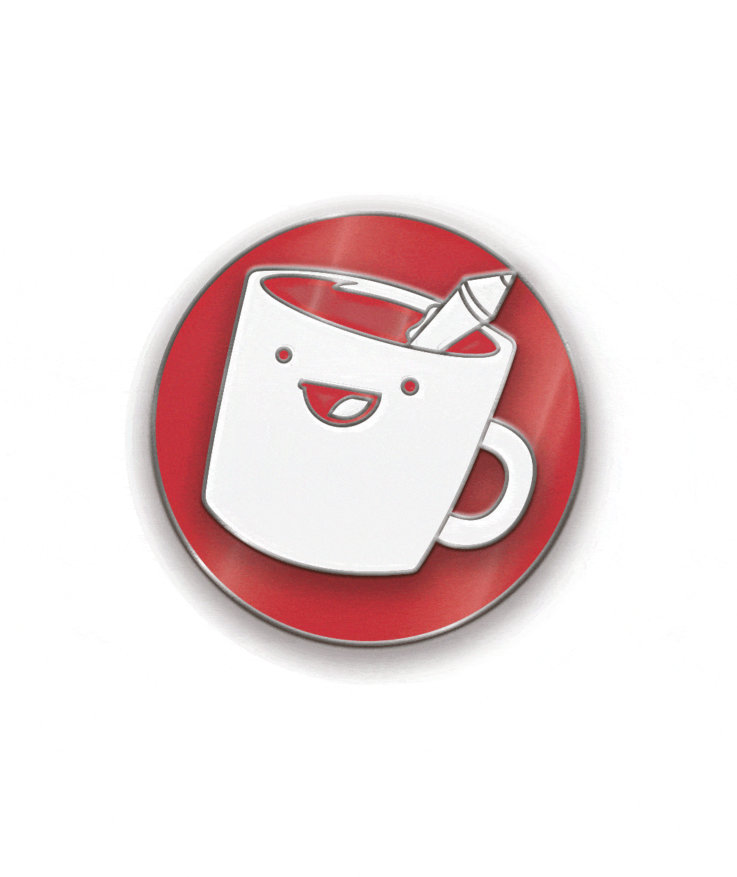 Silver plated metal pin with white and red drawfee mug logo that spins on a red enamel backing.