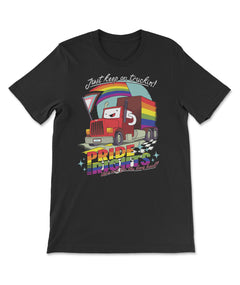 A black t-shirt with an illustration on the front of a Drawfee pride design. The shirt reads, “Just keep on truckin’! Pride Rights. We’re in it for the long haul!” From Drawfee.