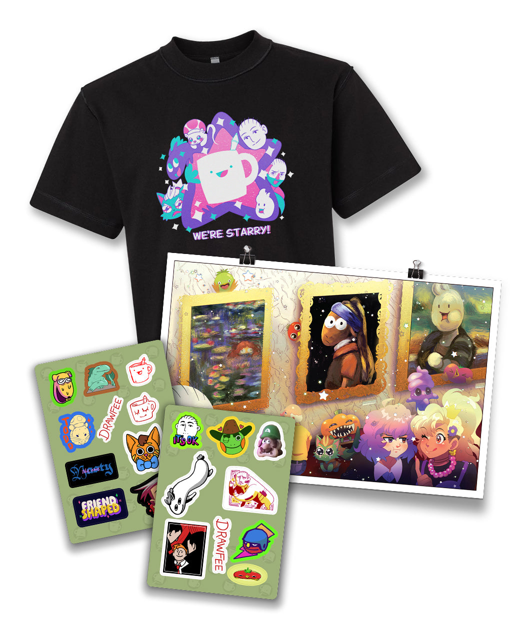 A black t-shirt, a poster, and two sticker sheets on a white background. The t-shirt has a design of Drawfee characters around a star and text that reads, "We're Starry!". The poster is of Drawfee characters in a museum. The sticker sheets are of silly Drawfee characters and faces. All items are from Drawfee.