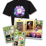 A black t-shirt, a poster, and two sticker sheets on a white background. The t-shirt has a design of Drawfee characters around a star and text that reads, "We're Starry!". The poster is of Drawfee characters in a museum. The sticker sheets are of silly Drawfee characters and faces. All items are from Drawfee.